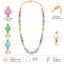 Carica l'immagine nel visualizzatore di Gallery, COLLANA GIADA LILLA, QUARZO AZZURRO, QUARZO VERDE E PERLE