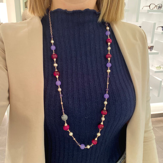 COLLANA CON OCCHIO DI TIGRE, GIADA, QUARZO E PERLE