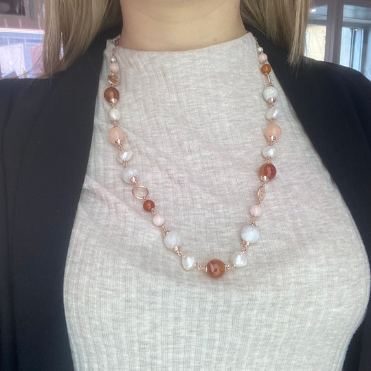 COLLANA PIETRA DI LUNA, QUARZO E CORNIOLA