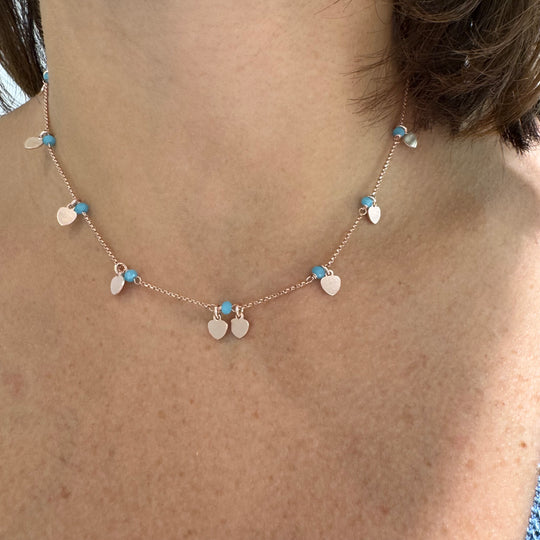 COLLANA CUORI E CRISTALLI TURCHESE