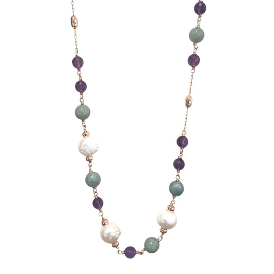 COLLANA CON QUARZO, AMETISTA E PERLE