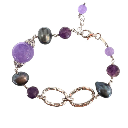 BRACCIALE CON GIADA,AMETISTA E PERLE THAITI