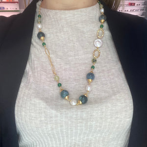 COLLANA AGATA, PREHNITE E PERLE