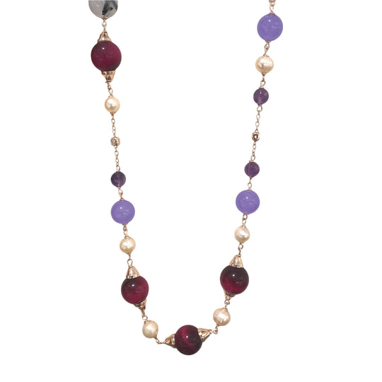 COLLANA CON OCCHIO DI TIGRE, GIADA, QUARZO E PERLE