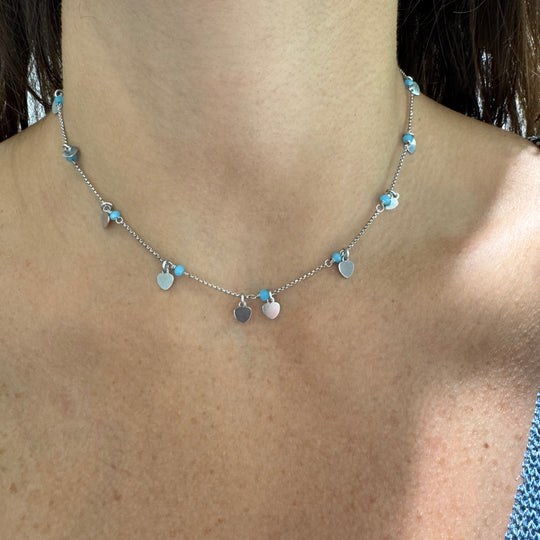 COLLANA CUORI E CRISTALLI TURCHESE