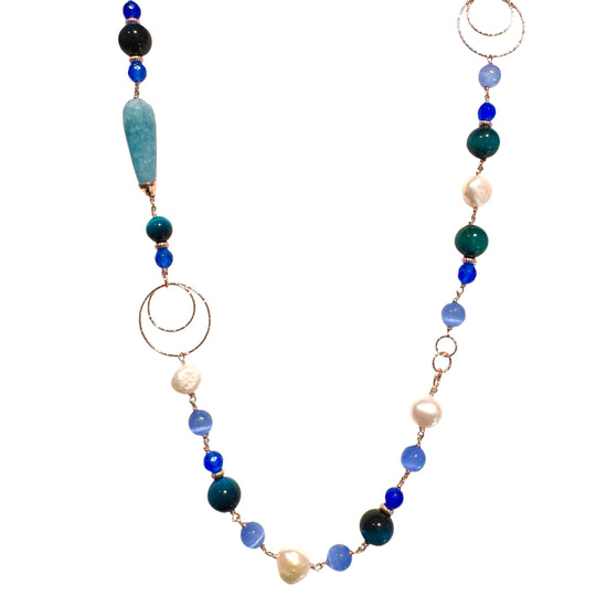 COLLANA CON OCCHIO DI TIGRE, AGATA,QUARZO E PERLE