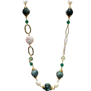 COLLANA AGATA, PREHNITE E PERLE