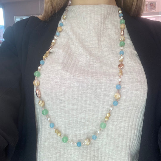 COLLANA GIADA, QUARZI E MADREPERLA