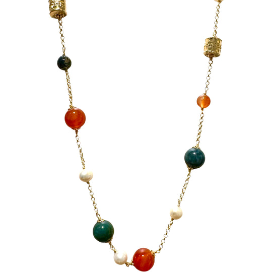 COLLANA AGATA, CORNIOLA E PERLE